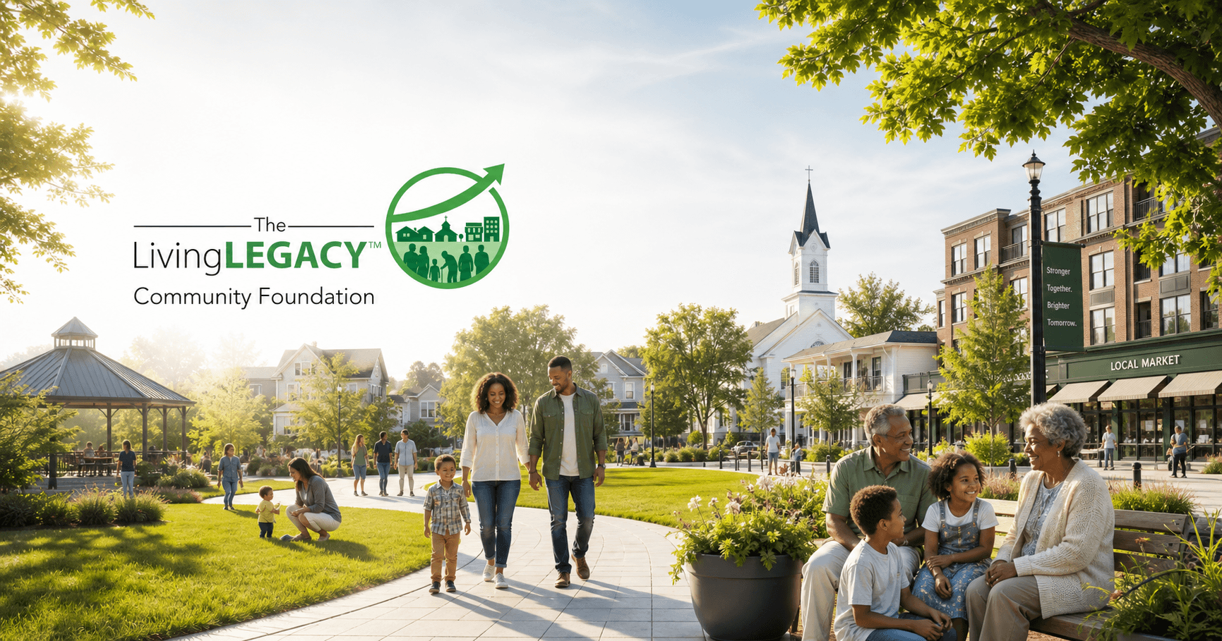 Community members gathering in a park, representing the LivingLEGACY Community Foundation mission